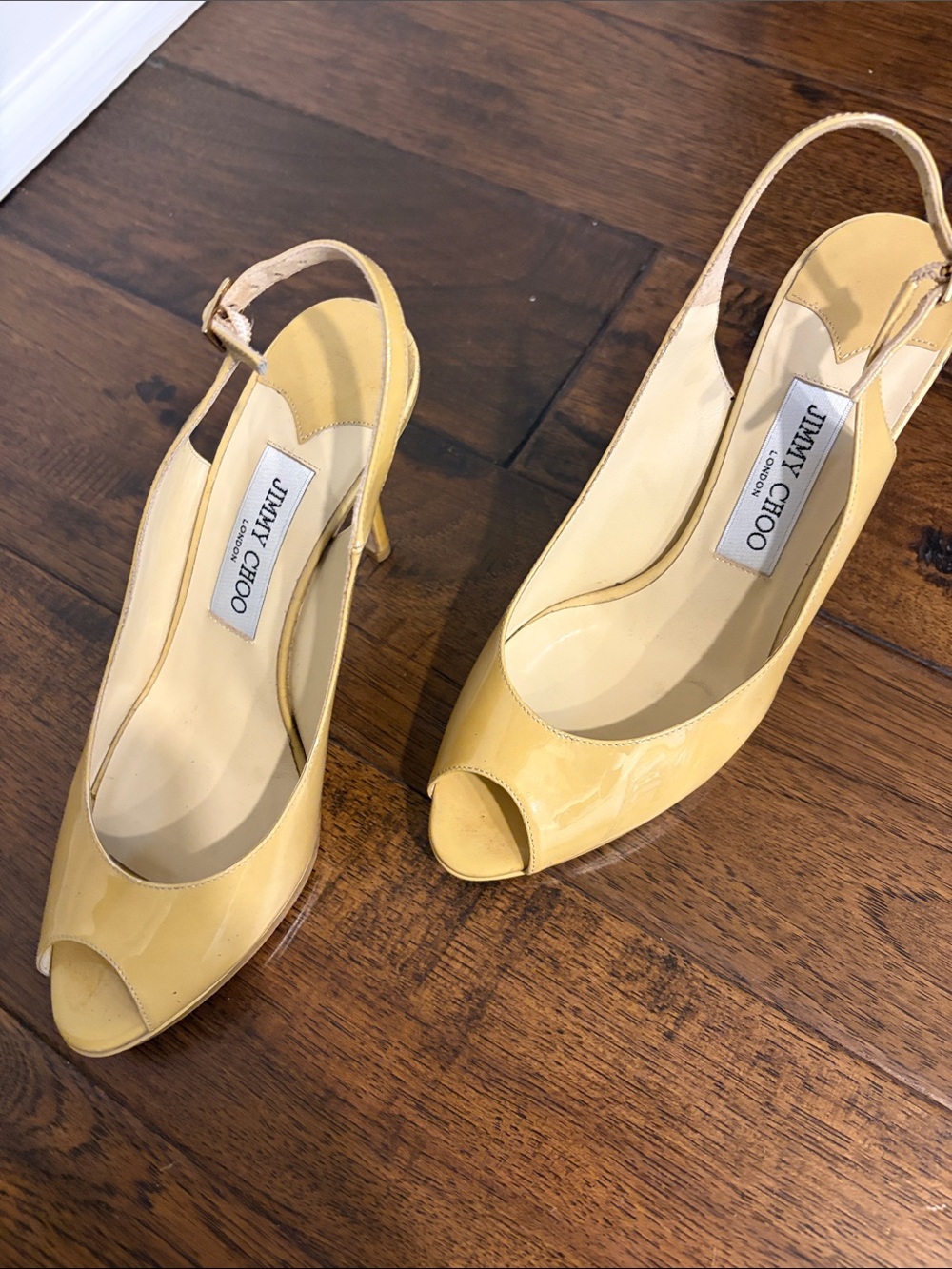 Jimmy Choo Yellow Patent Leather Peep-Toe Slingback Heels